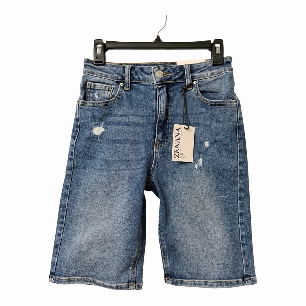 Zenana Bermuda Shorts Medium Wash Stretch Distressed NWT